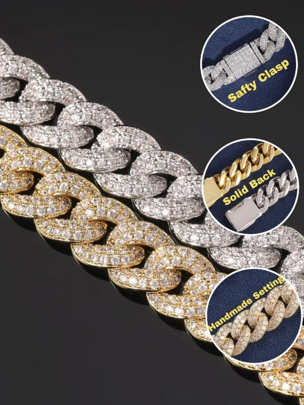 Unisex 8mm Cuban Link Bracelet & Necklace Set, Gold/White Gold Iced Out Hip Hop